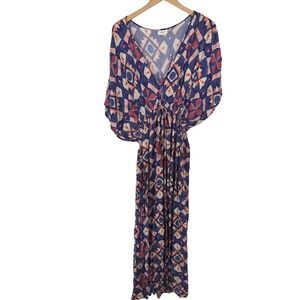 World Market Kaftan Maxi Dress Geometric Print Drawstring Waist Boho Size S‎ M